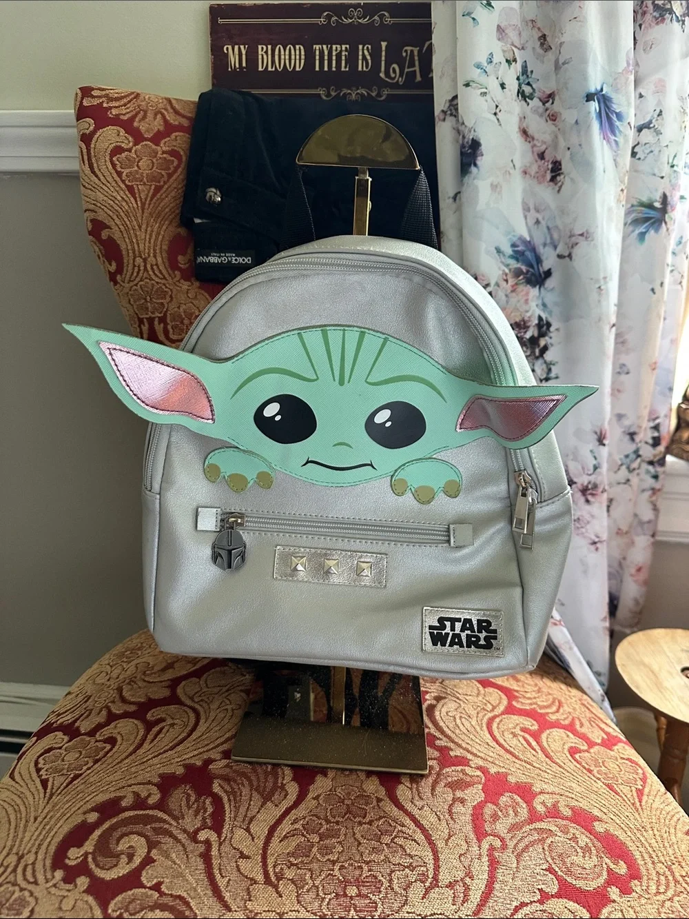 Star Wars Silver Kids Backpack with Green Grogu Face